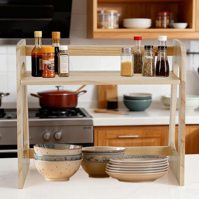 Double-tier bookshelf, book storage rack, 17.5-inch multifunctional desktop solid wood bookshelf and countertop display stand. Ideal for kitchen organization, tidying books, teacups, and toys.