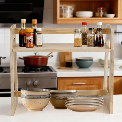 Double-tier bookshelf, book storage rack, 17.5-inch multifunctional desktop solid wood bookshelf and countertop display stand. Ideal for kitchen organization, tidying books, teacups, and toys.