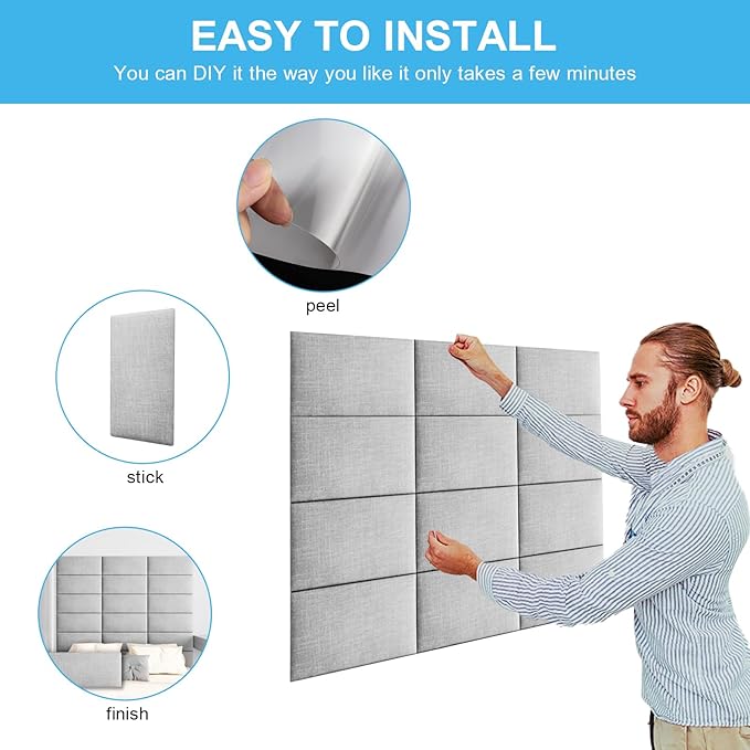 Upholstered Wall Mounted Headboard, 3D Soundproof Wall Panels Peel and Stick Headboard for Queen Size, Tufted, Light Grey (9 Panels, 10" x 24")
