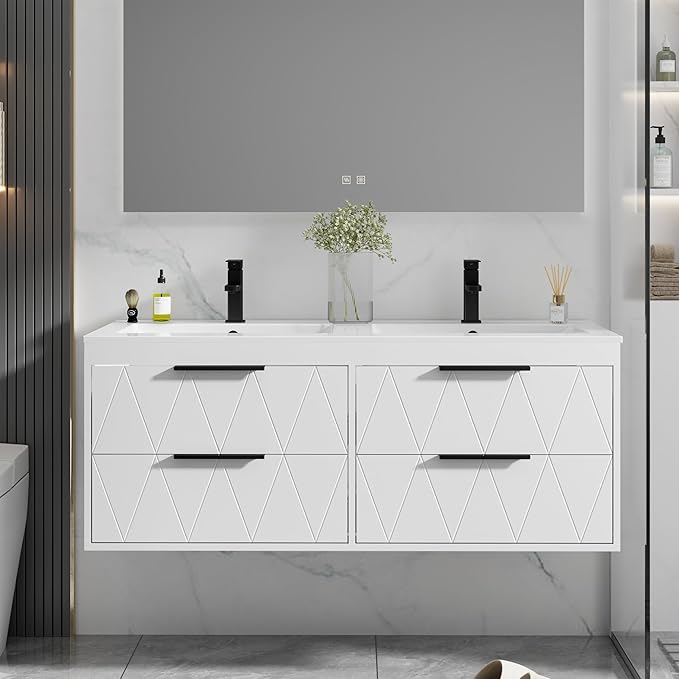 eclife 48" Bathroom Vanities Cabinet with Sink Combo, Wall Mounted Floating Cabinet W/Decor Line, Soft-Close System, 4 Extra Big Drawers, Matte Black Faucet, White