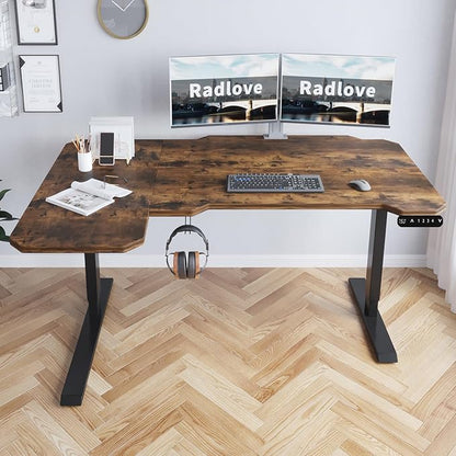 Radlove 59-Inch Large Electric Height Adjustable Computer L-Shaped Desk with Memory Controller Corner Standing Desk Modern Workstation with Splice Board Ergonomic Desk (Black Frame + Rustic Brown Top)
