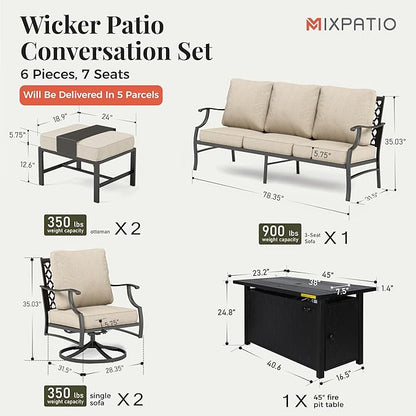 Patio Furniture Set, 6 Pcs Metal Outdoor Conversation Set, 2 Swivel Chairs, 2 Ottomans and 3 Seater Sofa with 5.75" Extra Thick Cushion and Gas Fire Pit Table, Beige