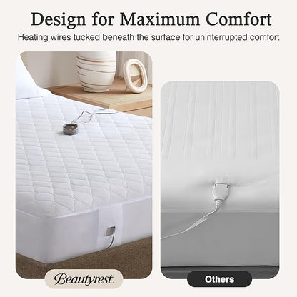 Beautyrest Cotton Blend Heated Mattress Pad Secure Comfort Technology - Luxury Quilted Electric Mattress Pad with Deep Pocket - 5-Setting Heat Controllers, Full, White