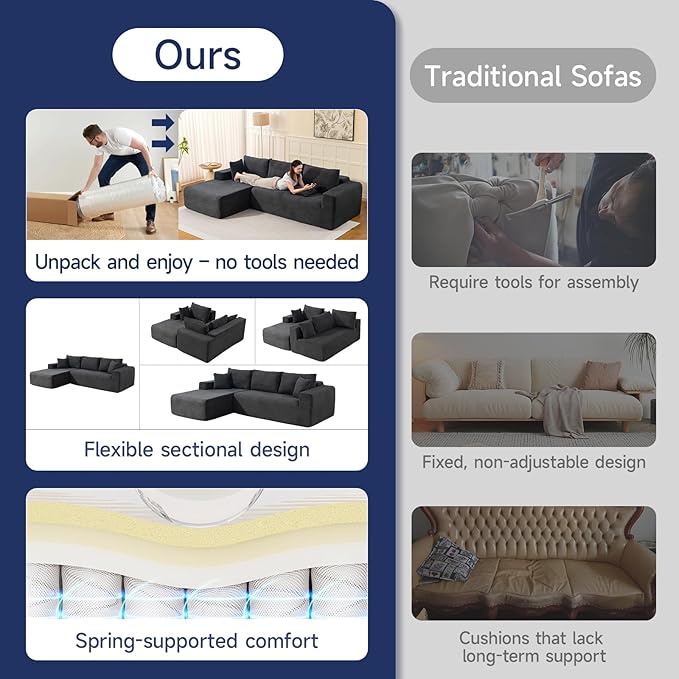 2025 New 108" Cloud Couch Sectional, Modular Sectional Sofa with L-Shaped Chaise, Deep Seat Sectional Modular Couch for Living Room, No Assembly Required (Gray, Left Facing Chaise)