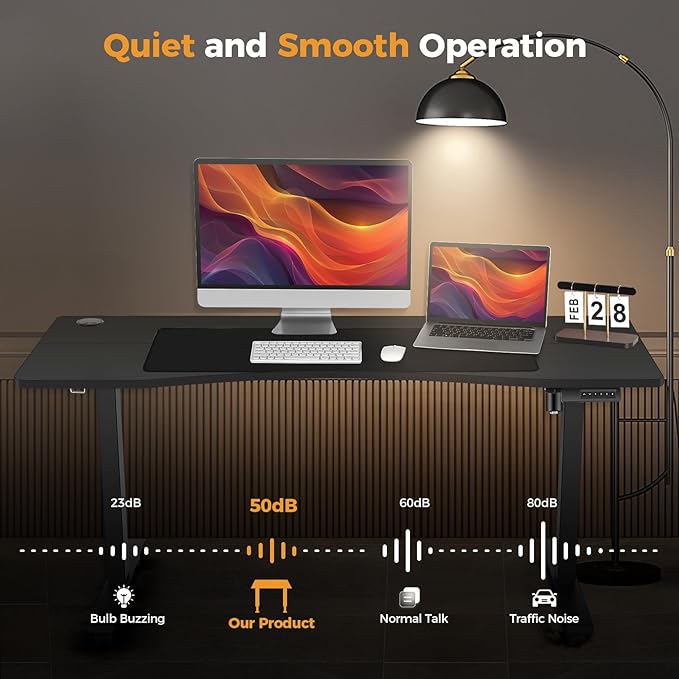 Electric Adjustable Standing Desk with Wheels, 63'' x 24''Sit Stand Desk with Dual Crossbeam Structure and Mouse Pad, 27''-46'' Lifting Range Table with Ergonomic Arc Desktop (Black Arc)