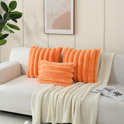 FUTEI Orange Decorative Throw Pillow Covers 22x22 Inch Set of 2, Square Soft Faux Rabbit Fur Thick Striped Cushion Cover,Winter Home Decor for Couch Bed Living Room