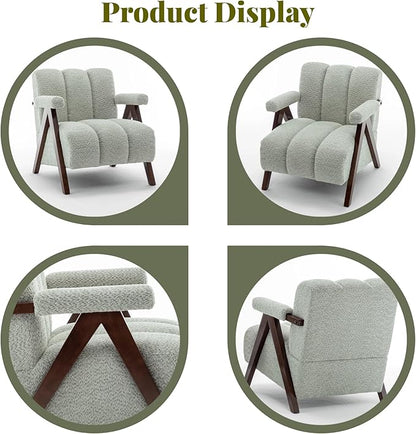 Mid Century Modern Accent Chairs Set of 2 with Solid Wood Frame, Boucle Upholstered Living Room Chairs with Thick Cushion, Comfy Tufted Arm Chair for Bedroom, Sage