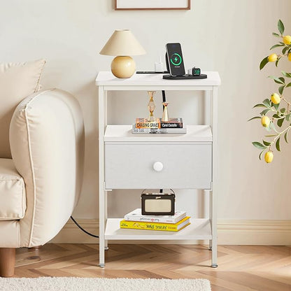 VECELO Night Stand with Charging Station, End Tables with Open Storage Shelf, Bed Side Tables with Fabric Drawers for Bedroom,Living Room,Elegant White