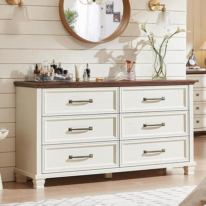Farmhouse Bedroom Dresser and Nightstand Set of 4, 6 Drawer Tall & Low Dresser & 2 Drawer Nightstand Set, Rustic Wood Bedroom Furniture Set for Livingroom, Hallway, White