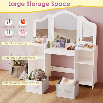 Arlopu Kids Vanity Set, 2 in 1 Toddler Makeup Dressing Table and Chair Set w/Detachable Tri-fold Mirror, Open Shelves, Princess Wooden Pretend Play Desk Furniture Toy for Little Girl (White)