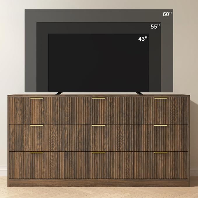 Fluted Wood Dresser for Bedroom,63” Wide 9 Drawer Dresser Mid Century Chest of Drawers Wooden with Gold Handles,Dressers TV Stand Storage Organizer for Closet,Bedroom,Living Room, Walnut