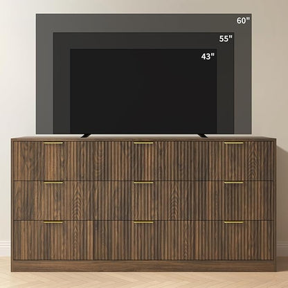 Fluted Wood Dresser for Bedroom,63” Wide 9 Drawer Dresser Mid Century Chest of Drawers Wooden with Gold Handles,Dressers TV Stand Storage Organizer for Closet,Bedroom,Living Room, Walnut