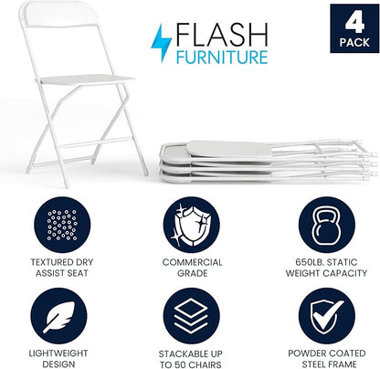 Flash Furniture Hercules Series Plastic Folding Chair - White - 4 Pack 650LB Weight Capacity Comfortable Event Chair-Lightweight Folding Chair