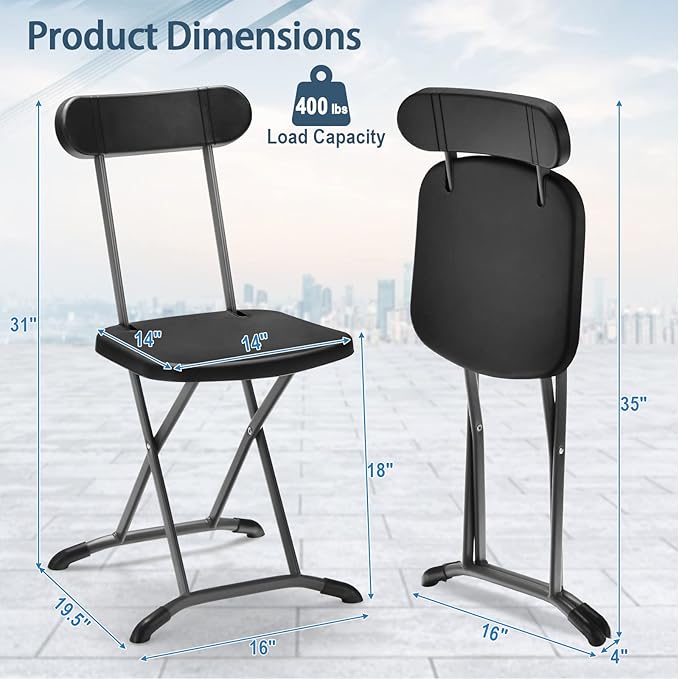 GYMAX Folding Chair, 400lbs Plastic Chairs Set with Steel Frame & Ergonomic Curved Back, Indoor & Outdoor Commercial Event Seat for Meeting, Wedding, Stackable Lightweight Folding Chairs (4, Black)