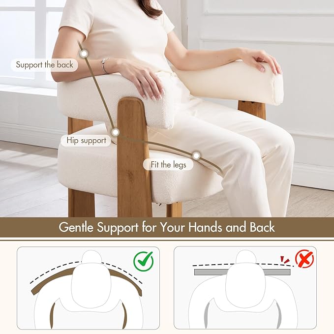 Upholstered White Velvet Dining Chairs Set of 2, Boho Modern Barrel Accent Armchairs, Thick Padded Seat & Natural Wooden Legs, Mid Century Inspired Kitchen/Dining Room Chairs, Creamy White