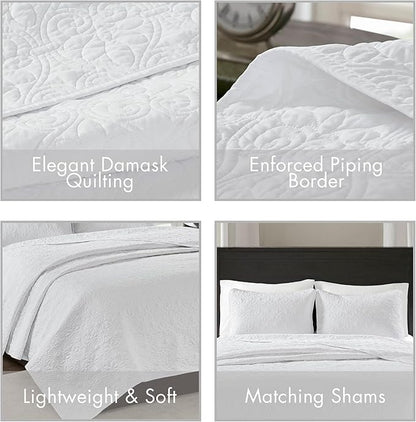 Madison Park Quebec Reversible Quilt Set Damask Design, Double Sided Stitching All Season, Lightweight Bedspread Bedding Set, Matching Sham, White, Full(96"x110") 3 Piece
