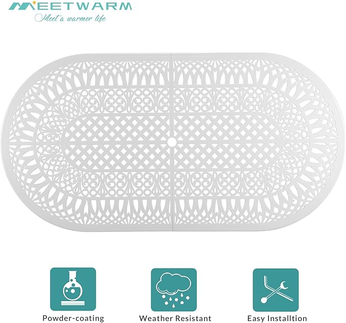 MEETWARM 9-Piece Outdoor Patio Dining Set, All-Weather Cast Aluminum Patio Conversation Set for Backyard Garden Deck with 8 Cushioned Swivel Rocker Chairs, 1 Oval Table, 2" Umbrella Hole, White