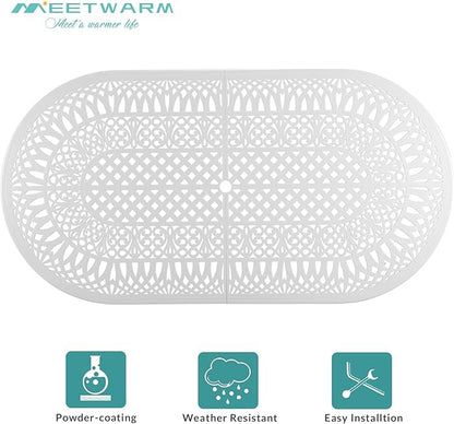 MEETWARM 9-Piece Outdoor Patio Dining Set, All-Weather Cast Aluminum Patio Conversation Set for Backyard Garden Deck with 1 Oval Table, 8 Outdoor Dining Cushioned Chairs, 2" Umbrella Hole, White