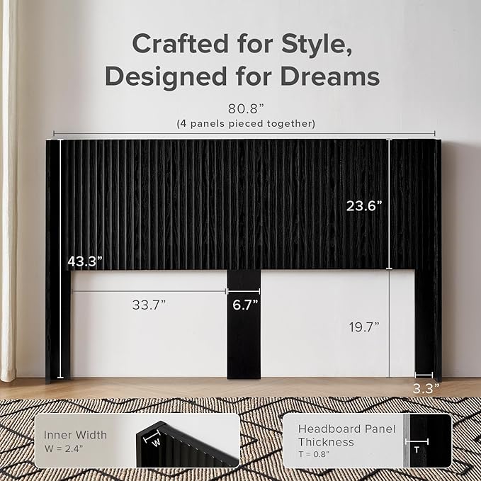 mopio Brooklyn 80.8" Headboard Only, Wood Headboard, Modern Farmhouse, Boho, Wall Mount, Fluted Panel, Wingback Design (Black Oak, King)