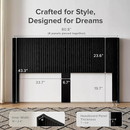 mopio Brooklyn 80.8" Headboard Only, Wood Headboard, Modern Farmhouse, Boho, Wall Mount, Fluted Panel, Wingback Design (Black Oak, King)
