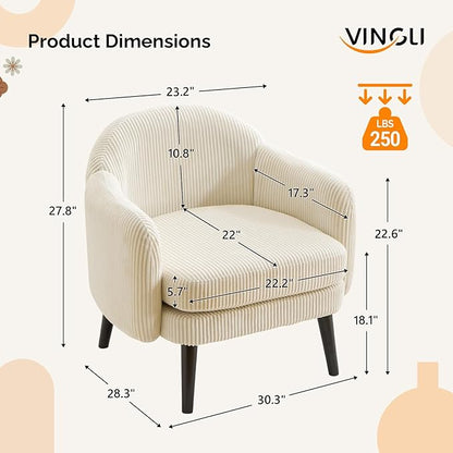 VINGLI 30.3" Wide Modern Barrel Accent Armchair with Track Armrest, Solid Wooden Legs, Comfy Upholstered Club Chair, Round Single Home Sofa for Living Room, Bedroom, Reading Room, Corduroy Beige