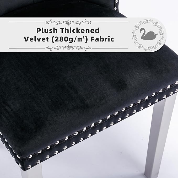 Velvet Upholstered Dining Chairs Set of 6, Modern Style Kitchen Side Chairs with Nailhead Trim and Silver Plated Leg, Metal Pulling Ring for Dining Room Living Room(Black, Set of 6)