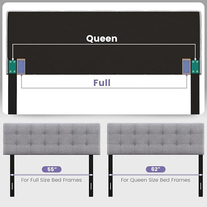 KOMFOTT Linen Upholstered Headboard for Full & Queen Size Bed Frame, Modern Tufted Button Bed Headboard with Solid Rubber Wood Legs, Rectangular Headboard with Adjustable Width, Gray