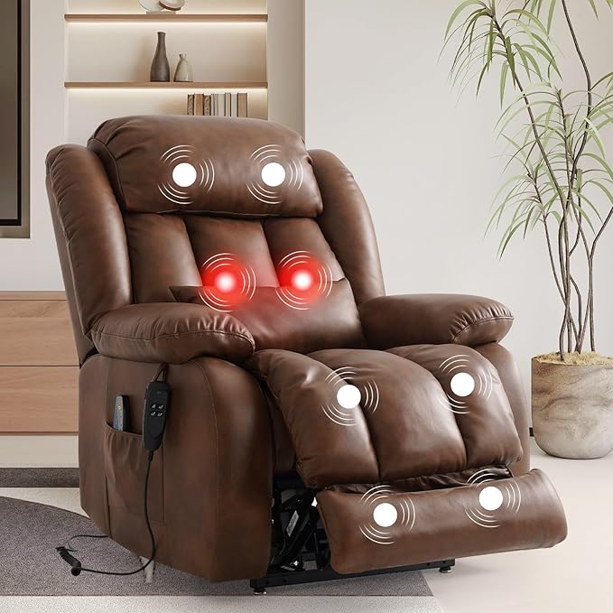 TEKAMON Power Lift Recliner Chair for Elderly, Dual Motor Genuine Leather Recliner with Heat & Massage, Lay Flat Sleeping Chairs with Infinite Position, Remote Control & USB Ports