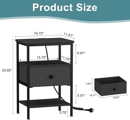 VECELO Night Stand Set 2, Nightstand with Charging Station, End Tables with Open Storage Shelf, Bed Side Tables with Fabric Drawers for Bedroom,Living Room,Classic Black