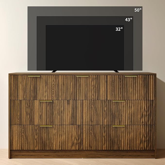 Walnut Fluted 7 Drawer Dresser Bedroom,55” Wide Mid Century Wood Dresser with Gold Handles, Chest of Drawer Wooden TV Stand for Closet,Bedroom,Living Room,Walnut
