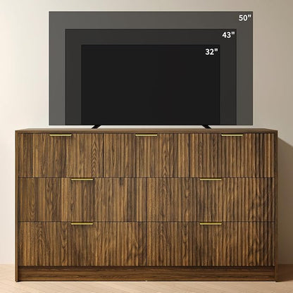 Walnut Fluted 7 Drawer Dresser Bedroom,55” Wide Mid Century Wood Dresser with Gold Handles, Chest of Drawer Wooden TV Stand for Closet,Bedroom,Living Room,Walnut