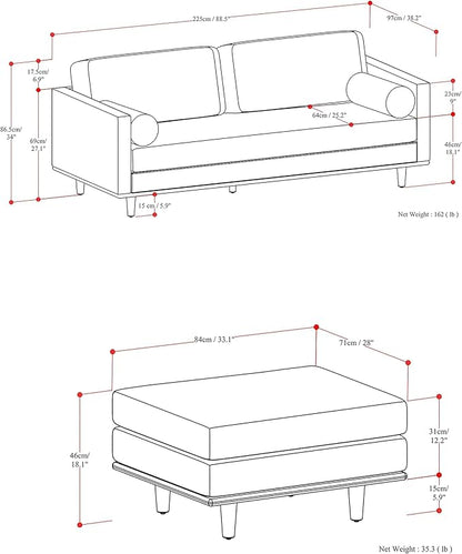 SIMPLIHOME Morrison Mid-Century Modern 89 inch Wide Sofa with Ottoman Set in Caramel Brown Genuine Leather for the Living Room and Family Room