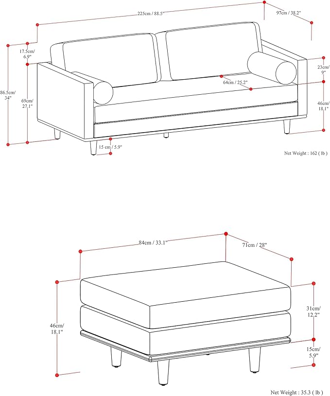 SIMPLIHOME Morrison Mid-Century Modern 89 inch Wide Sofa with Ottoman Set in Charcoal Grey Tightly Woven Performance Fabric for the Living Room and Family Room