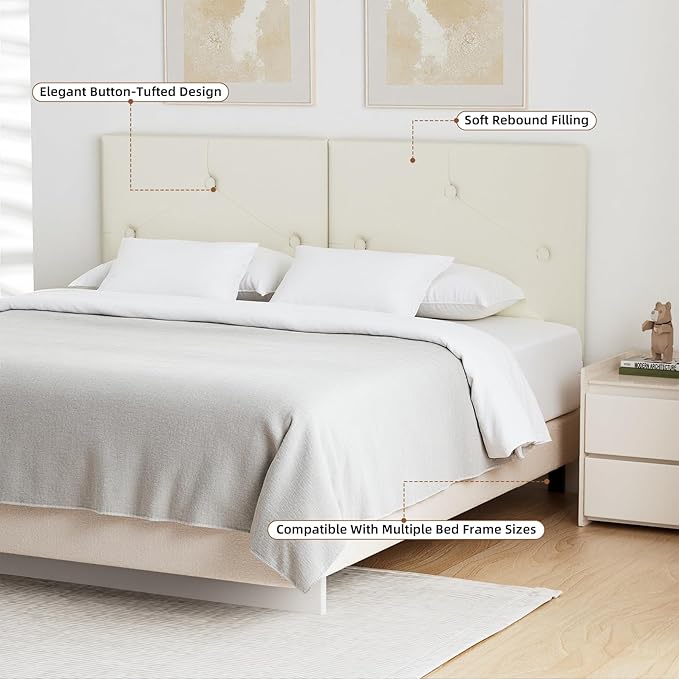 Modern Queen Headboard, Upholstered Faux Leather Bed Headboard with Solid Wood & Sturdy Metal Legs, Tufted Adjustable Height Headboards in Button Design, Ivory