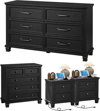 Farmhouse Bedroom Dresser and Nightstand Set of 4, 6 Drawer Low & 5 Drawers Dresser & 2 Drawer Nightstand Set, Rustic Wood Bedroom Furniture Set for Livingroom, Hallway, Black