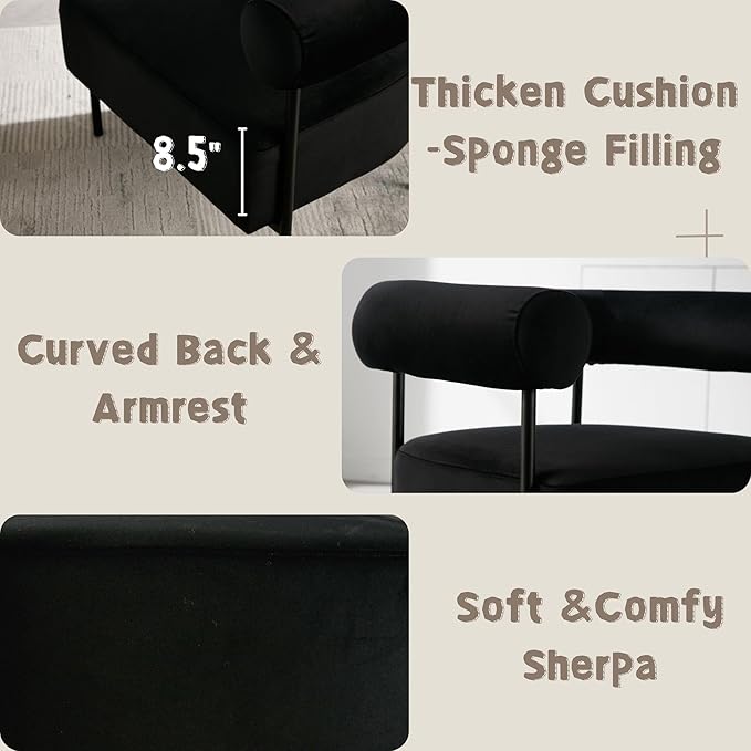 Modern Accent Chairs Set of 2 with Curved Back, Black Small Velvet Barrel Vanity Chairs Armchairs with Metal Legs & Upholstered for Living Room, Makeup Room