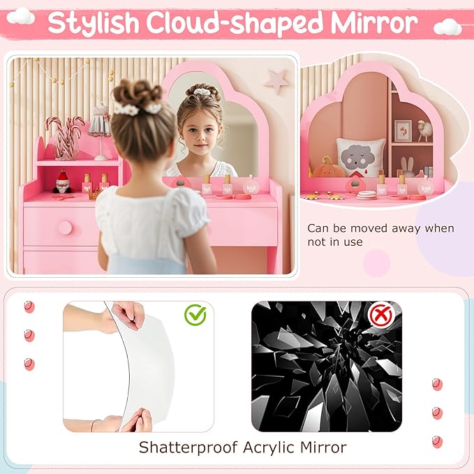 Costzon Kids Vanity, 2 in 1 Girls Vanity Set with Mirror, Drawers, Storage Shelf & Cabinet, Toddler Makeup Desk Dressing Table, Kids Vanity Table and Chair Set for Little Girls (Pink)