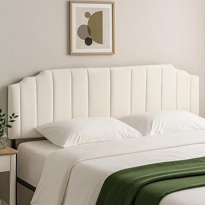 Upholstered Headboard Adjustable Height Queen/King Headboard Cream Velvet Tufted Modern Vertical Channel Design with Stepped Silhouette Top Edge(Beige King)