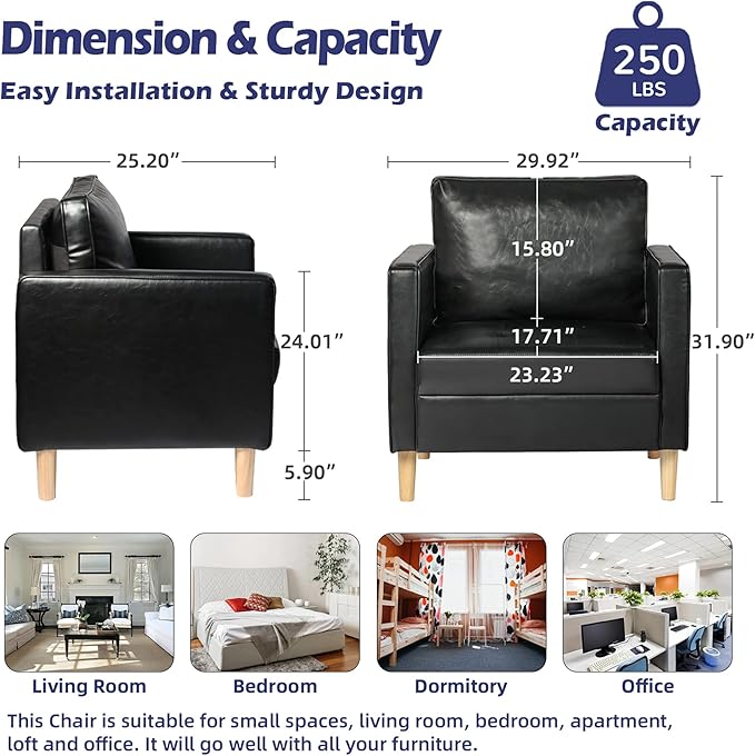 STHOUYN Black Faux Leather Accent Chairs Set of 2 Small Living Room Bedroom Chairs, Comfy Reading Chair Single Sofa for Adults, Suitable Small Spaces Office Couch, Easy Assembly