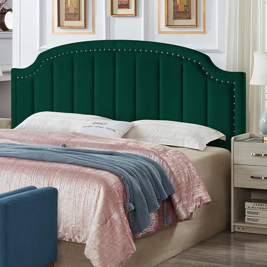 24KF Velvet Fabric Upholstered King/California King Headboard with Nail Trims, Modern Vertical Channel Design with Curved King Headboard, 6052-K-Jade