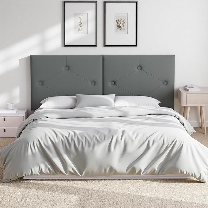 King Size Headboard, Faux Leather Headboard with Solid Wood & Sturdy Metal Legs, Adjustable Height Bed Headboards King Tufted Upholstered in Modern Button Design, Grey