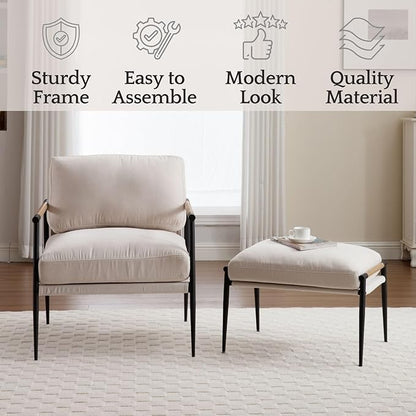 LukeAlon Mid-Century Chenille Accent Chairs with Ottoman Set of 2, Soft Living Room Chairs with Metal Legs Modern Upholstered Armchairs Lounge Chair with Footstool for Bedroom Reading Room, Beige