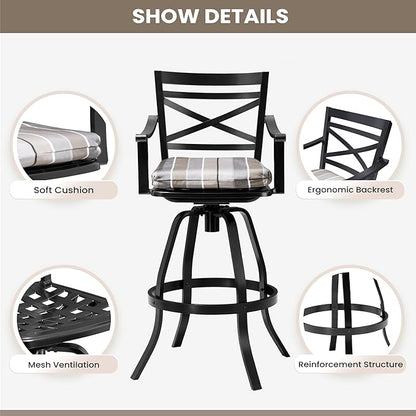 Pellebant 6 Pack Sunbrella Outdoor Bar Stools 30", Aluminum Swivel Patio Bar Height Bar Stools with Back & Footrest, for Deck Lawn Garden(Milano Char)