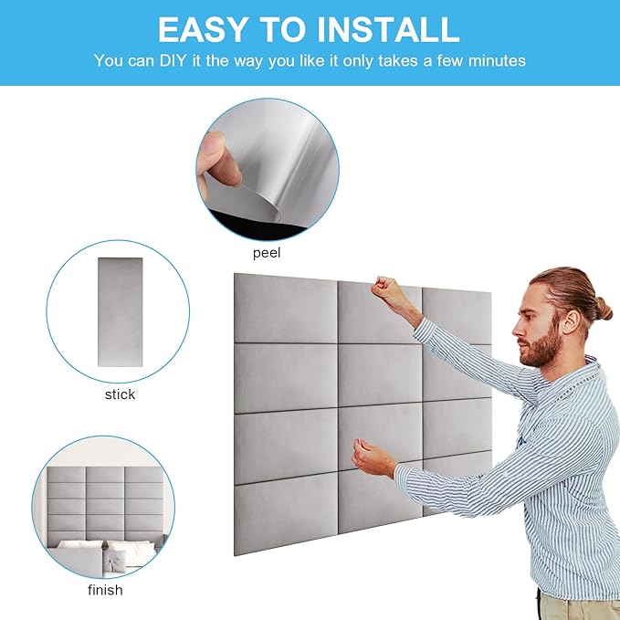 Upholstered Wall Mounted Headboard, 3D Soundproof Wall Panels Peel and Stick Headboard for Queen Size, Tufted, Light Grey (9 Panels, 10" x 24")