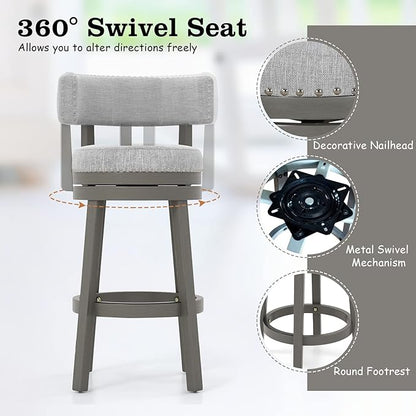 COSTWAY Bar Stool, 27-inch 360° Swivel Barstool with Upholstered Back & Seat, Solid Rubber Wood Legs & Footrest, Farmhouse Counter Height Chair for Home, Bar, Cafe, Grey (1, Seat Height 27‘’)