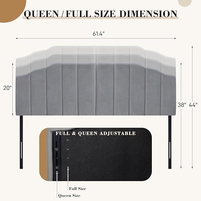 Upholstered Headboard Adjustable Height Queen/King Headboard Cream Velvet Tufted Modern Vertical Channel Design with Stepped Silhouette Top Edge(Grey Queen)