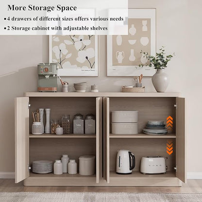 Fluted Buffet Cabinet with Storage, 120" Sideboard Buffet Cabinet with 8 Door-Modern Credenza Storage Cabinets with Adjustable Shelves, Solid Wood Handles for Kitchen, Living Room, White Alder(2PC)