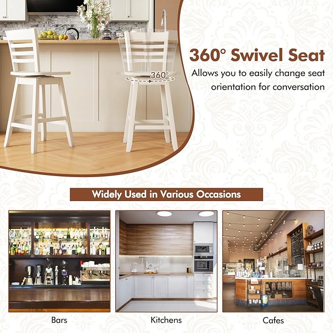 COSTWAY Bar Stools Set of 4, 24.5 Inch Swivel Counter Height Bar Chairs with Hollow Backrest & Contoured Seat, with Footrest for Kitchen Island, Pub, Bistro, Cafe (4, Cream)