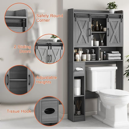 Farmhouse Over The Toilet Storage Cabinet with Sliding Door & Toilet Paper Holder Stand, Space-Saving for Bathroom & Restroom, Wash Grey