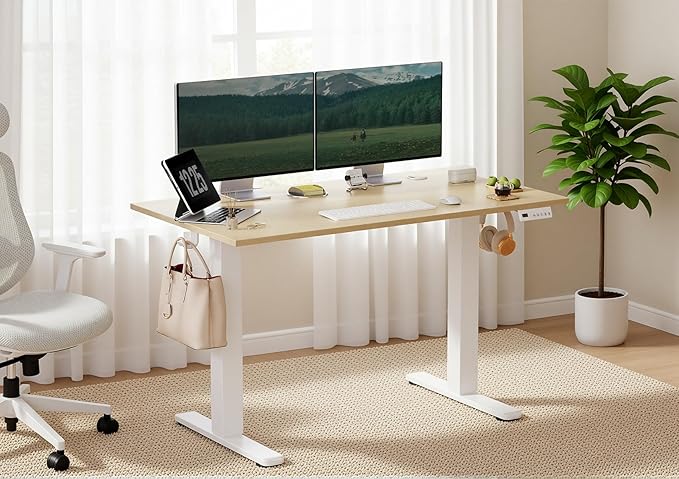 Seang Electric Height Adjustable Standing Desk, 40 x 24 Inch Sit-Stand Workstation with T-Style Frame, 3 Memory Height Options & Built-in Cable Management for Home Office, White Frame/Nature Top